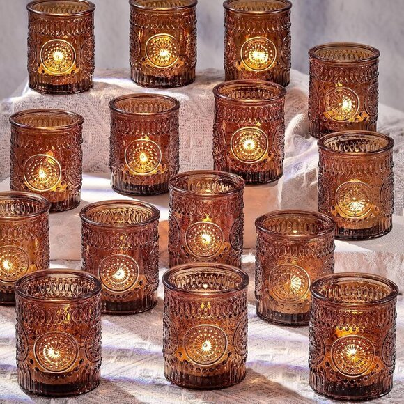 Amber Votive Candle Holders Set of 36- Glass Candle Holders Bulk for Flameless L